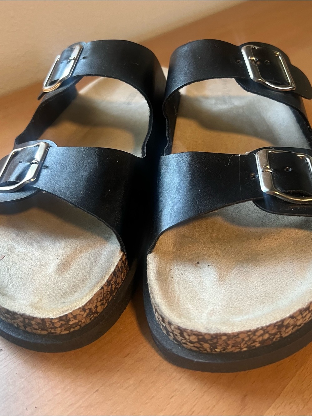 Women's Black Double-Buckle Cork Footbed Sandals size 10